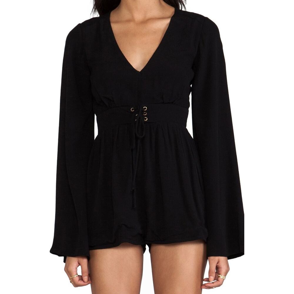 NWT MinkPink Flare Sleeve Romper Small Black Cinchable Edgy Boho Festival Grunge